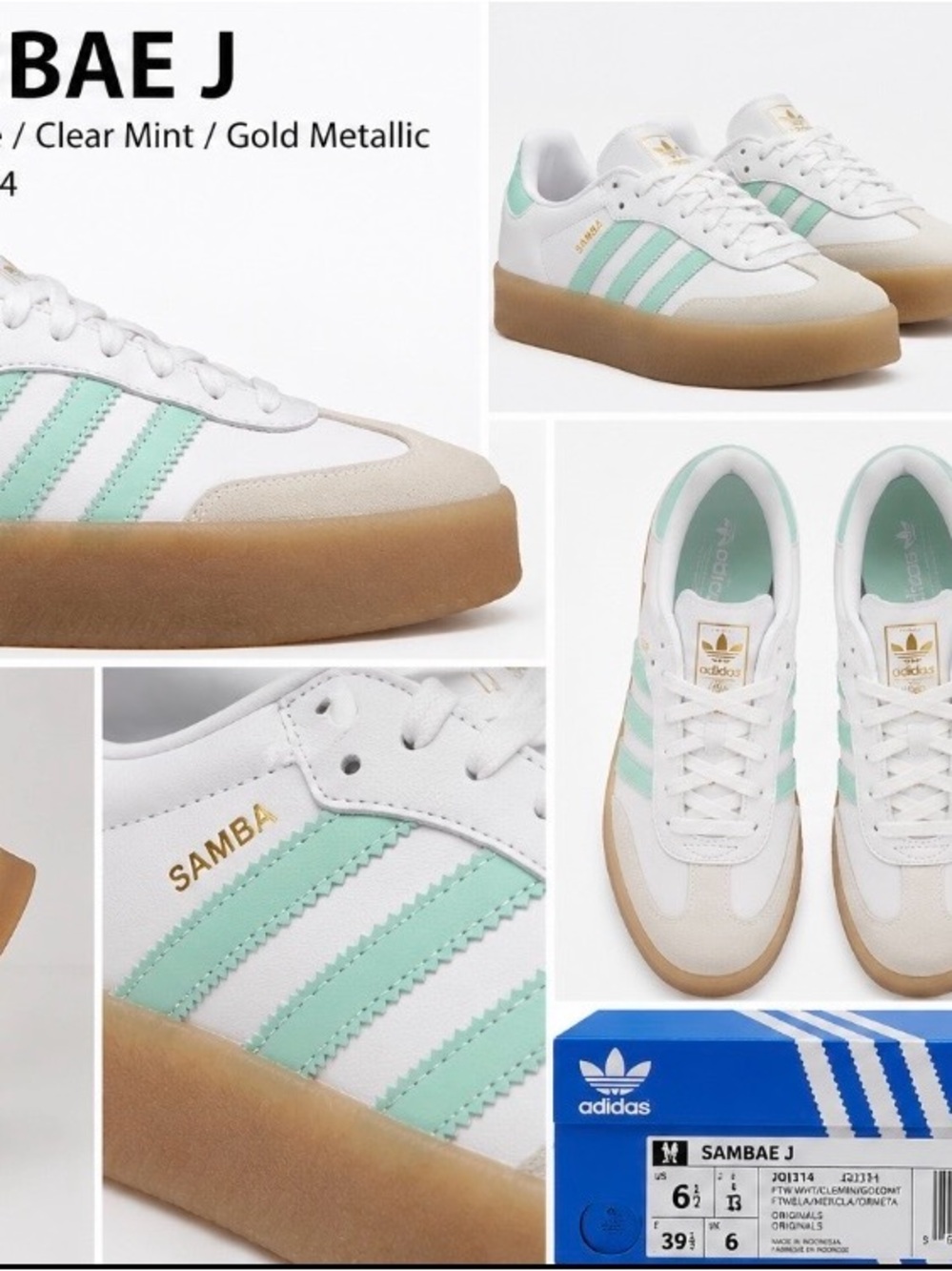 Adidas Sambae J White Clear Mint Gum Sneakers Women’s 7.5 / Youth 6.5 NIB